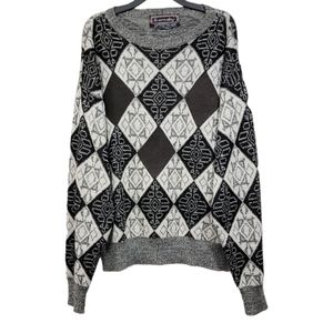 Vintage Argyle Patchwork Black White Long Sleeve Knit Pullover Men's Size Medium
